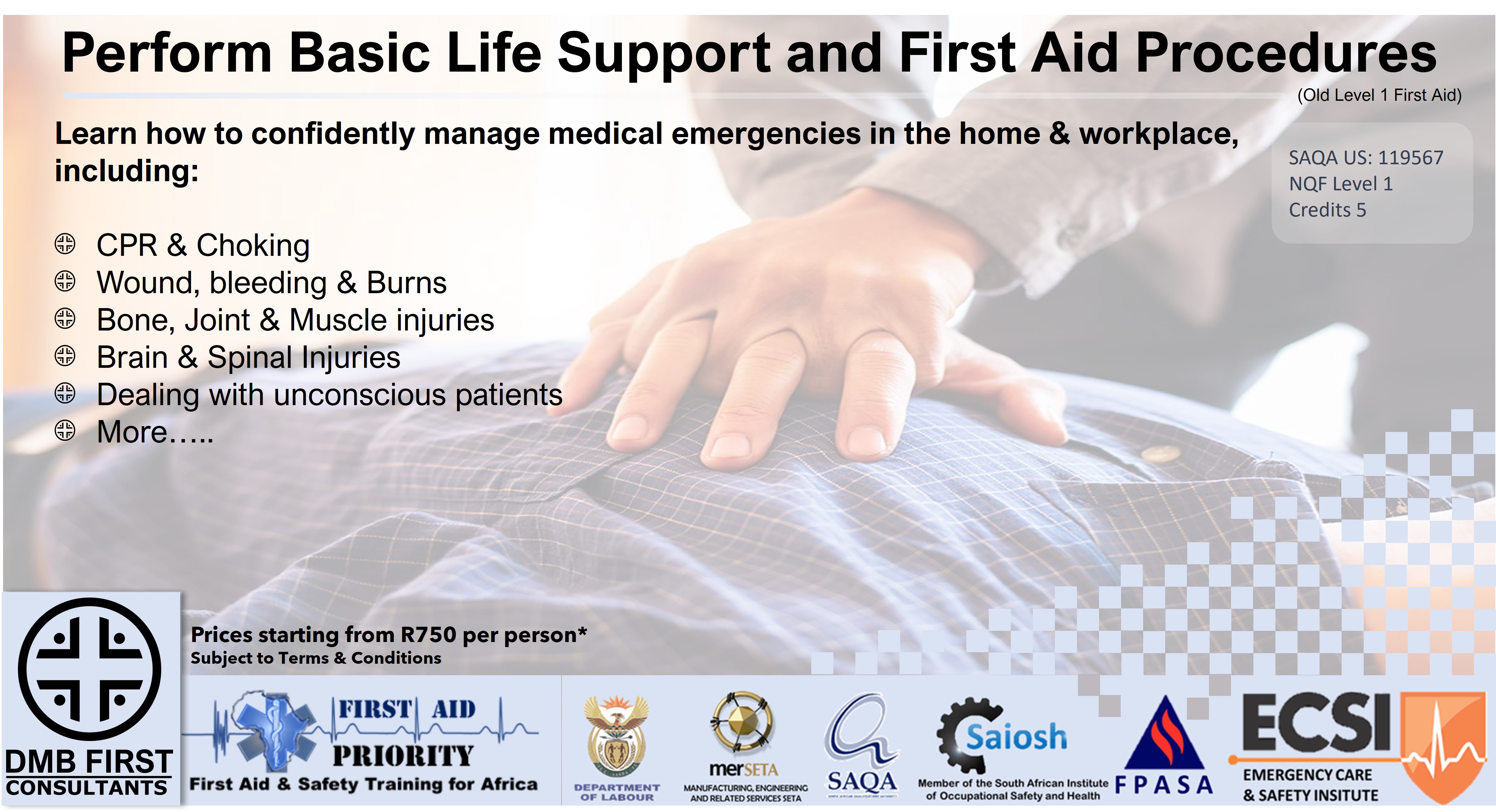 Perform Basic Life Support and First Aid Procedures course overview with CPR demonstration image and list of topics covered.